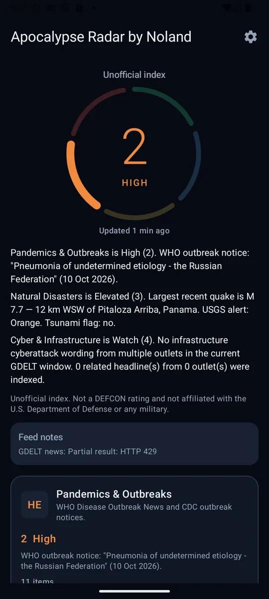 Apocalypse Radar screenshot: Home screen with threat level