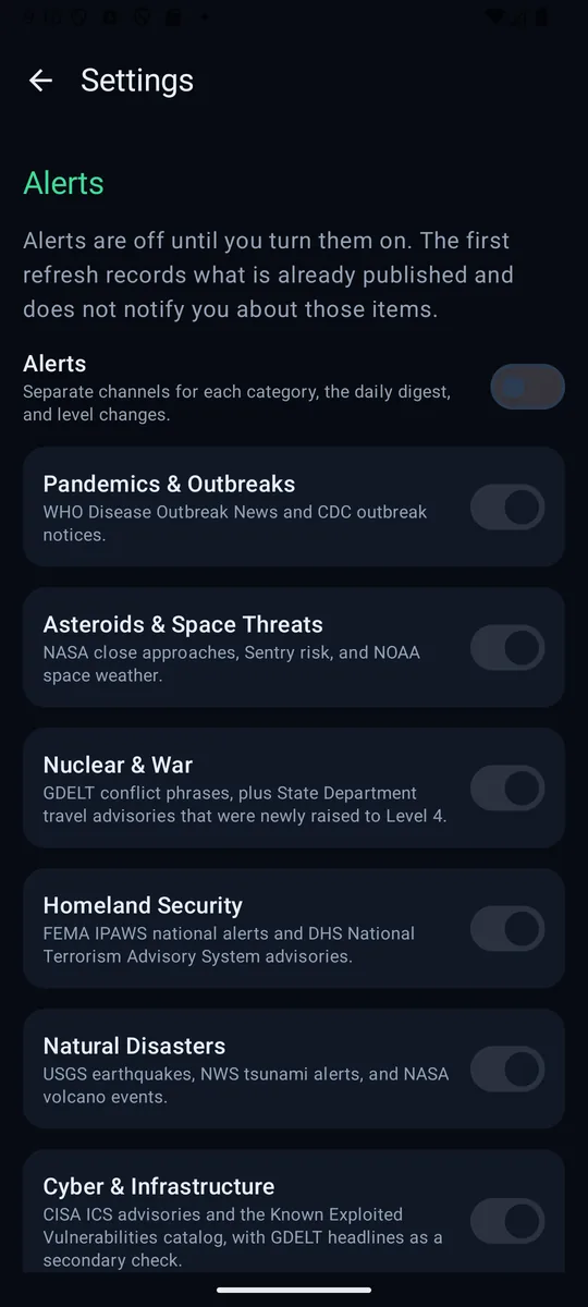 Apocalypse Radar screenshot: Alert settings