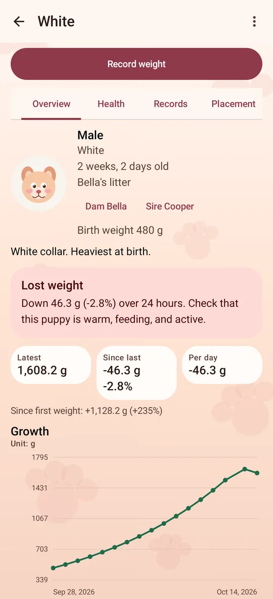 PuppyTrack captura: Perfil de cachorro