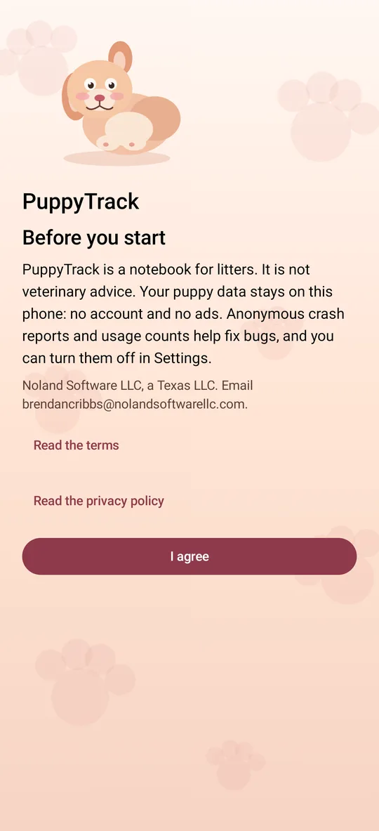 PuppyTrack captura: Pantalla de bienvenida