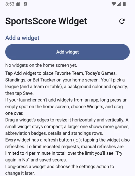 SportsScore Widget captura: Configuración de widgets