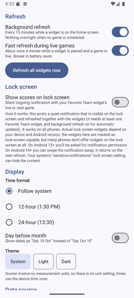 SportsScore Widget captura: Ajustes de actualización, pantalla de bloqueo y visualización